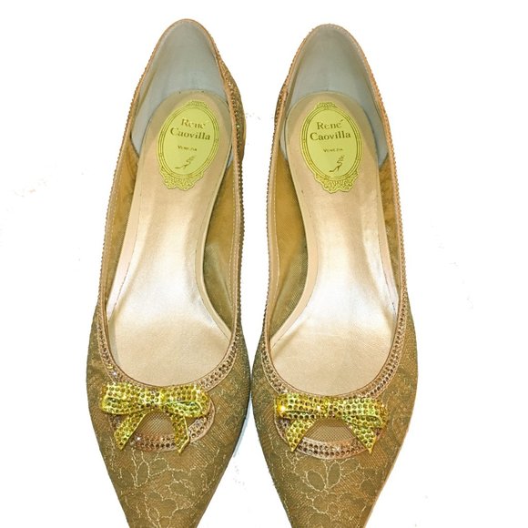 René Caovilla Gold Lace Crystal Embellished Pointed Toe Bow Flats - Picture 3 of 8